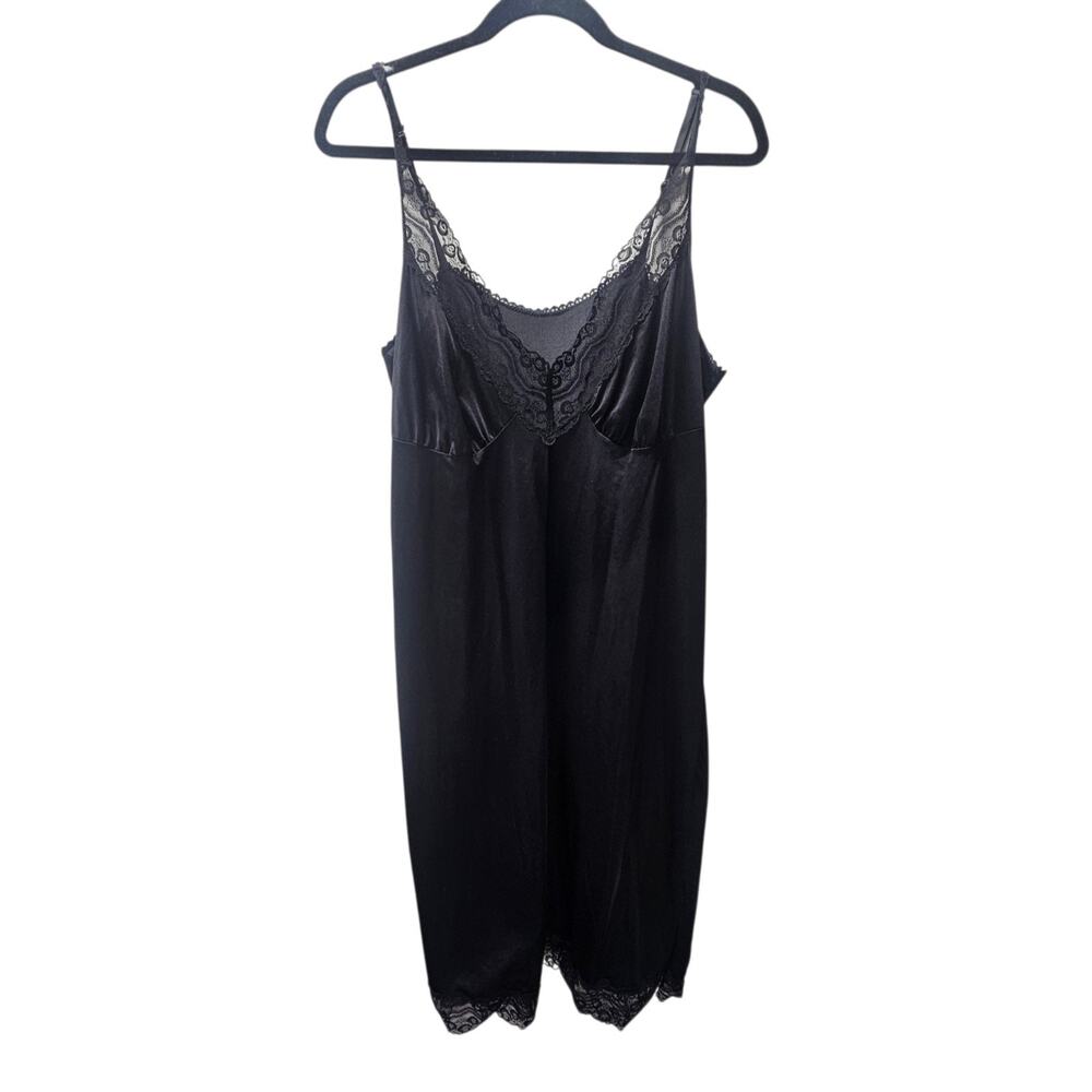 True Vintage 80s Black Nylon Slip Dress Lace Trim Bodice Size XL Nightgown Glam